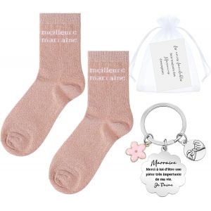 KALANKA-Set de 4 Pi&egrave;ces Cadeau Marraine Annonce Grossesse Tata Cadeau Tata Chaussettes Paillettes Porte-Cl&eacute;s Carte Demande Marraine avec Sac pour Annonce Demande No&euml;l Bapt&ecirc;me Anniversaire - Neuf