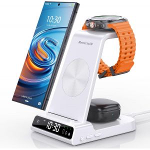 Chargeur Induction Pour Samsung Galaxy S25 Ultra, Chargeur Sans Fil Inductive Pour Samsung Galaxy Watch Ultra/7/6/5, Chargeur 3 En 1 Avec Horloge Digitale Pour Z Flip 6 S24, Galaxy Buds 2 - Neuf