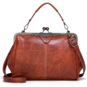 SJZG-Sac A Main Pochette Femme Portefeuille Elegant Sac De Soiree Kiss Lock Sac &Agrave; Bandouli&egrave;re Pu Cuir Sacs &Agrave; Main Mariage Marron - Neuf