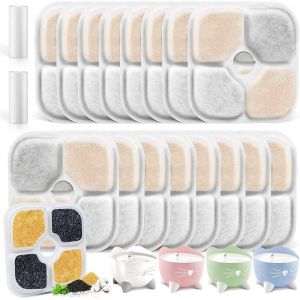 KAKYL-18 Pcs Filtre Fontaine Eau Chat Pour Catit,2,5L Filtres De Rechange Avec 2 Tuyaux,Système De Triple Filtre Filtre De Rechange Pour Chat Avec Résine Et Charbon Actif (8.4X8.4Cm) - Neuf