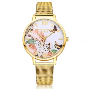 Lvpai Femmes Dame Fleur Motif Montre Bracelet Maille Quartz Analogique Cadeau Montre-Bracelet (Or) - Neuf