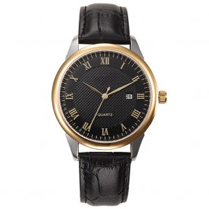 Montre-Bracelet Analogique Ronde A Quartz Pour Homme, Bracelet En Cuir, Date, Pour Le Travail (Cadran Noir, Boitier Dore) - Neuf