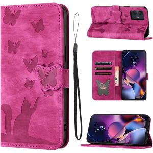 Sansh-Étui Pour Motorola Moto G54 5g Matériau En Cuir Pu Coque Moto G54 Avec Fentes Pour Cartes Housse Protection Motif Papillon Chat Coque Motorola G54 Rose - Neuf