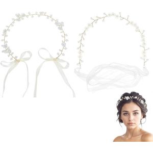 Kalvd-2 Pcs Bandeau Cheveux Femme Accessoires De Cheveux Communion Fille Couronne Fleurs Perles Bandeau De Princesse Boho Cristal Bandeaux Mariage Bridal Guirlande Couronne Strass Serre-Tête - Neuf