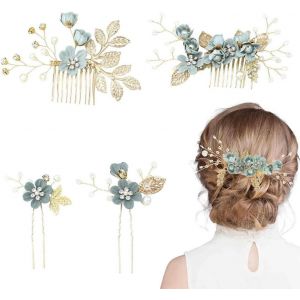 Kal-Lot De 4 Peignes À Cheveux, Accessoires Cheveux Mariage, Bijoux Cheveux Strass Verts, Peigne Cheveux Mariage, Peigne Fleuri Pour Femme, Décoration Cheveux Mariage, Accessoire Coiffure Mariée - Neuf
