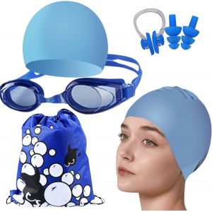 Meimie-Lot De Natation Enfant- Bonnet De Bain,Lunettes De Piscine,Bouchons D'oreilles,Pince Nez Et Sac De Rangement,Bonnet De Piscine En Silicone Imperméable Confortable,Lunettes De Natation Antibuée - Neuf