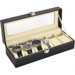 Kal-Boîte À Montres À 6 Emplacements, Rangement Pour Montres, Écrin À Montres Pour Hommes, Coffret À Montres Avec Couvercle En Verre, Pour Les Anniversaires, La Fête Des Pères, Noël, Noir - Neuf