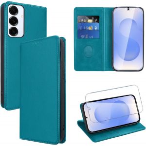 Kal-Coque Cuir Pour Samsung Galaxy S25 Plus 6.7"" Avec 1 Verre Trempé Etui À Rabat En Pu Porte-Cartes Portefeuille Support Flip Housse Magnétique Antichoc Anti-Rayures Case,Bleu Clair - Neuf