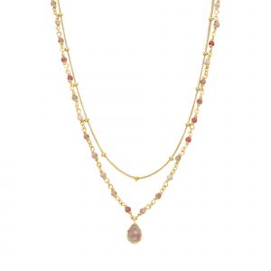 Collier Argent Dor&eacute; Goutte Doubles Cha&icirc;nes Pierres Quartz Rose Fraise - Neuf