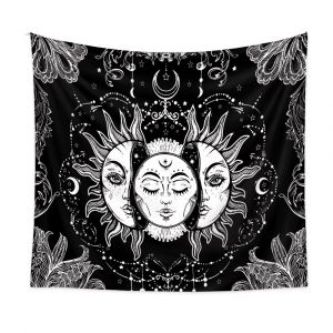 Tapisserie murale Mandala Grande Vague avec Coucher de Soleil Tapisserie Océan Noir et Blanc Tenture Murale pour Salon Chambre 130x150cm(B) - Neuf