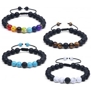 Kal-Bracelet Pierre Naturelle En 8 Mm, Ajustable Bracelet Pierre Volcanique 7 Chakras Perles Bracelets &Eacute;lastique Bracelets Unisexe, Bracelet Pierres Pr&eacute;cieuses Cadeau No&euml;l - Neuf