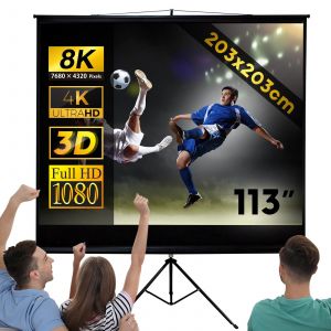 Jago® Écran de Projection 203x203 cm - avec Trépied, 113 Pouces, Enroulable, Formats 1:1, 4:3, 16:9, HD 4K 3D - Toile de Projecteur, Vidéoprojecteur - Neuf