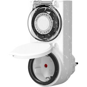 Minuterie d'ext&eacute;rieur 24 heures - Prise m&eacute;canique d'ext&eacute;rieur - &Eacute;tanche IP44 - Minuterie m&eacute;canique avec s&eacute;curit&eacute; enfant et couvercle de protection - Minuterie journali&egrave;re ext&eacute;rieure - 16 A/3 680 W - Neuf