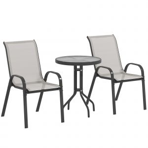 Ensemble Bistro De Jardin 3 Pi&egrave;ces - 2 Chaises, Table Ronde Plateau Verre - Acier Textil&egrave;ne Gris Clair - Neuf
