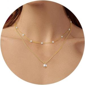 Collier De Perles Pour Femmes,Collier Plaqu&eacute; Or 14k Avec Couches De Cha&icirc;nes De Perles D'eau Douce,Cha&icirc;ne Tendance Et Simple En Ar&ecirc;te De Poisson,Collier De Perles Pour Filles Cadeaux - Neuf