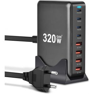 CMJAAGUR-Station De Charge Usb, 320 W, Gan Multiport, 8 Ports Usb C Et Usb A, Avec Gan Iii Et Pd 3.0, Station De Charge Rapide Pour Macbook Pro Air, Ipad Pro Air, Iphone, Galaxy S23[M1696] - Neuf