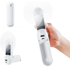 Mini ventilateur portable 5-en-1 USB rechargeable 2200 mAh, 3 vitesses ventilateur de bureau pliable avec lampe de poche LED, miroir cosmétique, Power Bank - pour maison/voyage, bureau - Neuf