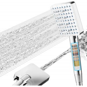 Pommeau de douche avec filtre 20 &eacute;tapes et flexible 6+1 jets &eacute;limine le chlore et les m&eacute;taux lourds haute pression et &eacute;conomie d'eau finition chrom&eacute;e - Neuf