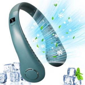 Fan de cou portable sans lames, 5 vitesses, affichage digital, 3000 mAh, haute capacité, rechargeable par USB petit ventilateur de poche, vert - Neuf