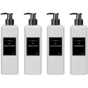KAL-Distributeur Gel Douche, 4 Pi&egrave;ces 500Ml Bouteille Shampoing Vide, Distributeurs De Savon Et De Lotion En Plastique Avec &Eacute;tiquettes, Pour Cuisine Et Salle De Bain, Blanc Mat - Neuf