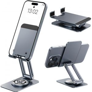 Support Téléphone Bureau 360° Réglable, Phone Stand Pliable en Alliage d'alu, Support de Telephone pour Smartphone, Tablette, Support Smartphone avec Tapis Antidérapant en Silicone, Grise - Neuf