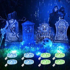 TRAHOO-Lot de 4 décorations de pierres tombales lumineuses pour Halloween avec 8 guirlandes lumineuses de 3 mètres, kit de décoration pour pelouse, jardin, arrière-cour, cimetière hanté, fête zombie - Neuf