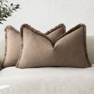 Cauc-Lot De 2 Housses De Coussin Lombaire D&eacute;coratives &Agrave; Franges En Lin De Style Boh&egrave;me Et Rustique Avec Pampilles Pour Canap&eacute;, Sofa, Lit, Salon, D&eacute;coration D'int&eacute;rieur, 30,5 X 50,8 Cm, Marron - Neuf
