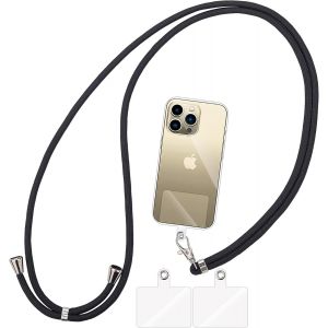 KAL-Tour De Cou T&eacute;l&eacute;phone R&eacute;glable Avec 3 Patchs, Cordon De Collier De Longe Portable Universelle Compatible Avec Plupart Des Smartphones -Lani&egrave;re Noir - Neuf