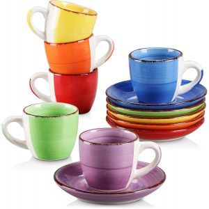 MEVRONISSHOP-S&eacute;rie Bonita, Service &agrave; Caf&eacute; Expresso en C&eacute;ramique pour 6 Personnes, Ensemble de Tasse et Soucoupe, 80ml, Style Minimaliste Multicolor&eacute;-Bleu et Orange - Neuf