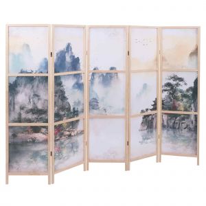 Paravent HWC-O70, cloison de s&eacute;paration, protection visuelle, s&eacute;paration de pi&egrave;ce, motifs naturels, bois, MVG, poly&eacute;thyl&egrave;ne, 170 x 227 cmMontagnes - Neuf