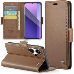 Kal-Coque Pour Xiaomi Redmi Note 13 Pro Plus 5g+ 2 Pi&egrave;ces Verre Tremp&eacute;,Antivol,Prend En Charge Le Chargement Sans Fil, Pochette Fermeture Magn&eacute;tique Flip Case-Marron - Neuf