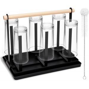 MEVRONISSHOP-Porte-Bouteilles 6 Places&iquest;&iquest; &iquest; egouttoir Bouteille avec poign&eacute;e en Bois & Brosse de Nettoyage,incluant &iquest;&iquest;bac gouttoir Noir Amovible,&iquest;&iquest;Porte-Tasses&iquest;&iquest; pour Bouteilles/Tasses/Mugs &agrave; caf&eacute; - Neuf