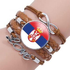 Kal-Bracelet Tissé,Personnalité Nationale Créative Serbie Drapeau Art,Texte D`Amour Time Gemstone Bracelet Glass Snap Bead Wristband Unisex Tressé Bracelet En Cuir Tressé - Neuf