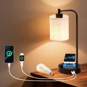 SUBZONAL-Lampe de chevet LED avec chargeur induction et ports de recharge USB-C+A, Intensit&eacute; variable, Lampe chevet chambre led avec variateur, Id&eacute;ale sur table de chevet, Abat-jour en lin, Chargeur - Neuf