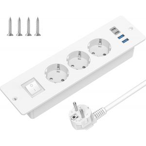 Prise Encastrée pour Table avec USB-C,Multiprise de Courant à 3 Voies avec Interrupteur,Prise pour Table avec Câble de 2m pour Table de Conférence,Travail,Table de Canapé (Blanc) - Neuf