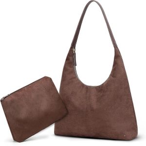 RFCBC-Sac Porté Épaule Femme en Daim Cuir Souple Sac Fourre Tout Rétro Grande Capacité Sacs Bandoulière Femme avec Fermeture Éclair 2Pcs Set - Neuf