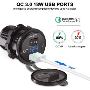 Prise De Chargeur Usb 12v/24v, Chargeur De Voiture Quick Charge 3.0 Prise Intégrée Adaptateur Étanche Avec Interrupteur Led Voltmètre Affichage De La Tension Pour Moto Bateau Camion Caravane Atv - Neuf