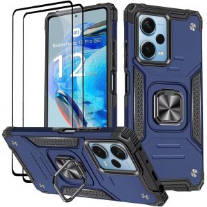 Coque Pour Xiaomi Redmi Note 12 Pro 5g / Poco X5 Pro 5g, Verre Tremp&eacute; [2 Pi&egrave;ces] + Housse Tpu Silicone Rotation 360&deg; Aimant Anneau Support Double D&eacute;fense Protection Etui - Bleu - Neuf