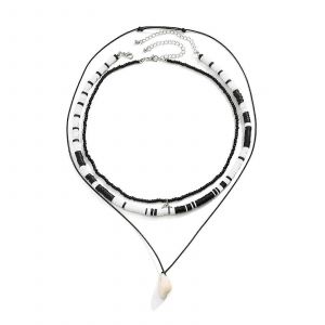 Collier Long Argent&eacute; Pour Femme, Cha&icirc;ne Multicouche Avec Perles En Bois Et Pendentif Coquillage, Cha&icirc;ne En Alliage De 70 Cm Avec Fermoir Mousqueton - Neuf