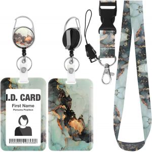 Marble Print Badge Holder,Retractable Plastic Id Badge Holder With Clip & Separation Lanyard,Vertical Card Protector Key Ring For Women & Men (Black,Gold) - Neuf