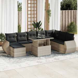 Salon De Jardin 9 Pcs Avec Coussins Gris Clair Résine Tressée - Neuf
