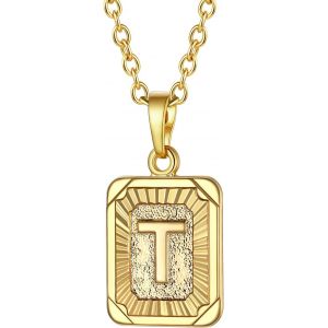 Kal-Collier Lettre Femme Plaqu&eacute; Or Jaune, Pendentif Rectangle Avec Initiale, Cha&icirc;ne Rolo Ajustable De 2,5mm/50+5cm - Neuf
