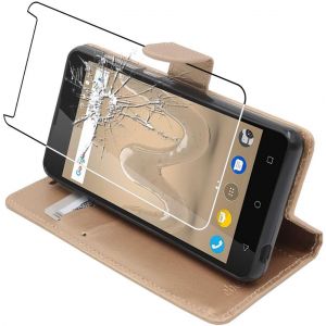 JGD-- Coque Compatible avec Wiko Sunny 2 Plus Etui PU Cuir Housse Portefeuille Porte-Cartes Support Stand, Or/Dor&eacute; + Film Protection &eacute;cran Verre Tremp&eacute; [Appareil: 146.3 x 73.7 x 9.8mm, 5.0''] - Neuf