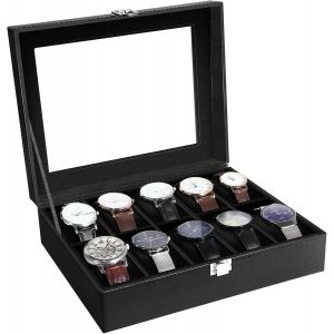 Kal-Boîte À Montres, 10 Compartiments Écrin À Montres, Vitrine De Montres Pour Hommes, Boîte De Rangement Pour Montres Avec Coussin Amovible - Neuf