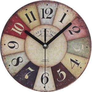 Horloge murale en bois MDF vintage rustique rustique horloge murale ronde décorative de style rétro horloge murale à quartz (20,3 cm,colorée) - Neuf
