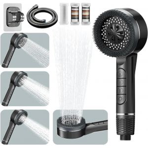 KGABERY-Pommeau De Douche Haute Pression,Pommeau Douche Economie Deau 4 Types De Jets Pommeau De Douche Anti Calcaire Avec Tuyau Douche 1.5M Et Support De Douche,Avec Bouton D'Arrêt D'Eau,Gris - Neuf