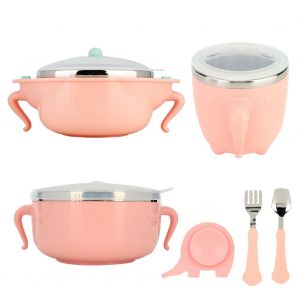 Ensemble De 6 Bols Pour Bebe Avec Injection D'eau Et Ventouse En Acier Inoxydable (Rose) - Neuf