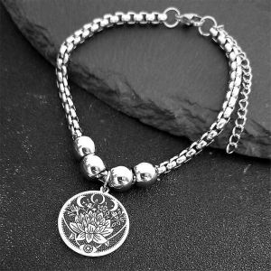Sorci&egrave;re Lotus Fleur Oeil Perle Lien Cha&icirc;ne Manchette Bracelets Femmes Acier Inoxydable Triple Lune D&eacute;esse Charme Bijoux Bracelet Femme - Neuf