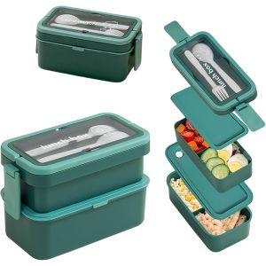 Fiambrera De 2 Capas Con Compartimentos Para Adultos Y Ni&ntilde;os, 950+550ml Fiambrera Apilable De Gran Capacidad, Fiambrera Bento Con Tenedor Y Cuchara Y Asa Oculta. Verde - Neuf