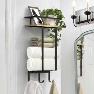 Porte-Serviettes de Salle de Bain Mural,Support Serviettes de Bain avec 3 Crochets,Étagère de Rangement de Bain Peut Contenir 3 Serviettes Roulées pour Gel Douche Shampoing,Bois Rustique - Neuf